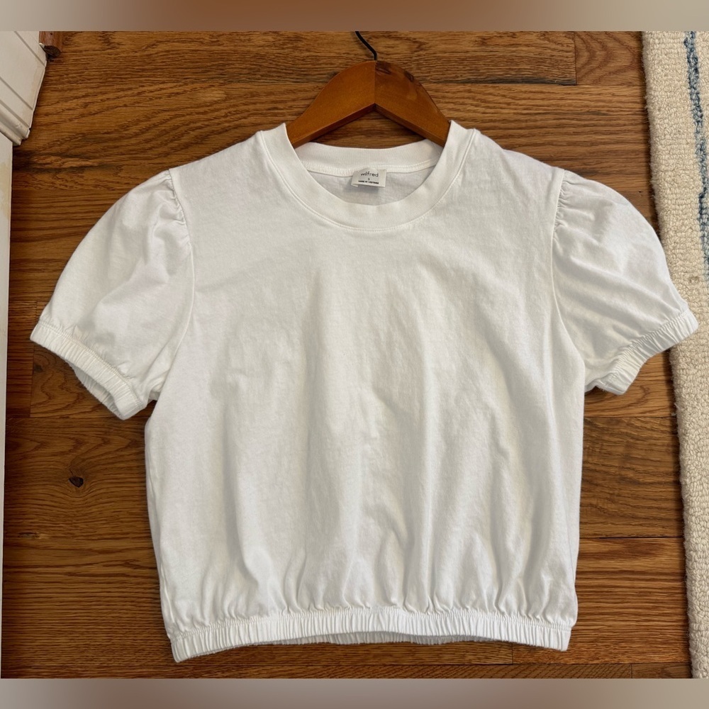 Aritzia WILFRED Piaf White Cotton Cropped Elastic Waist T-Shirt, Size Small